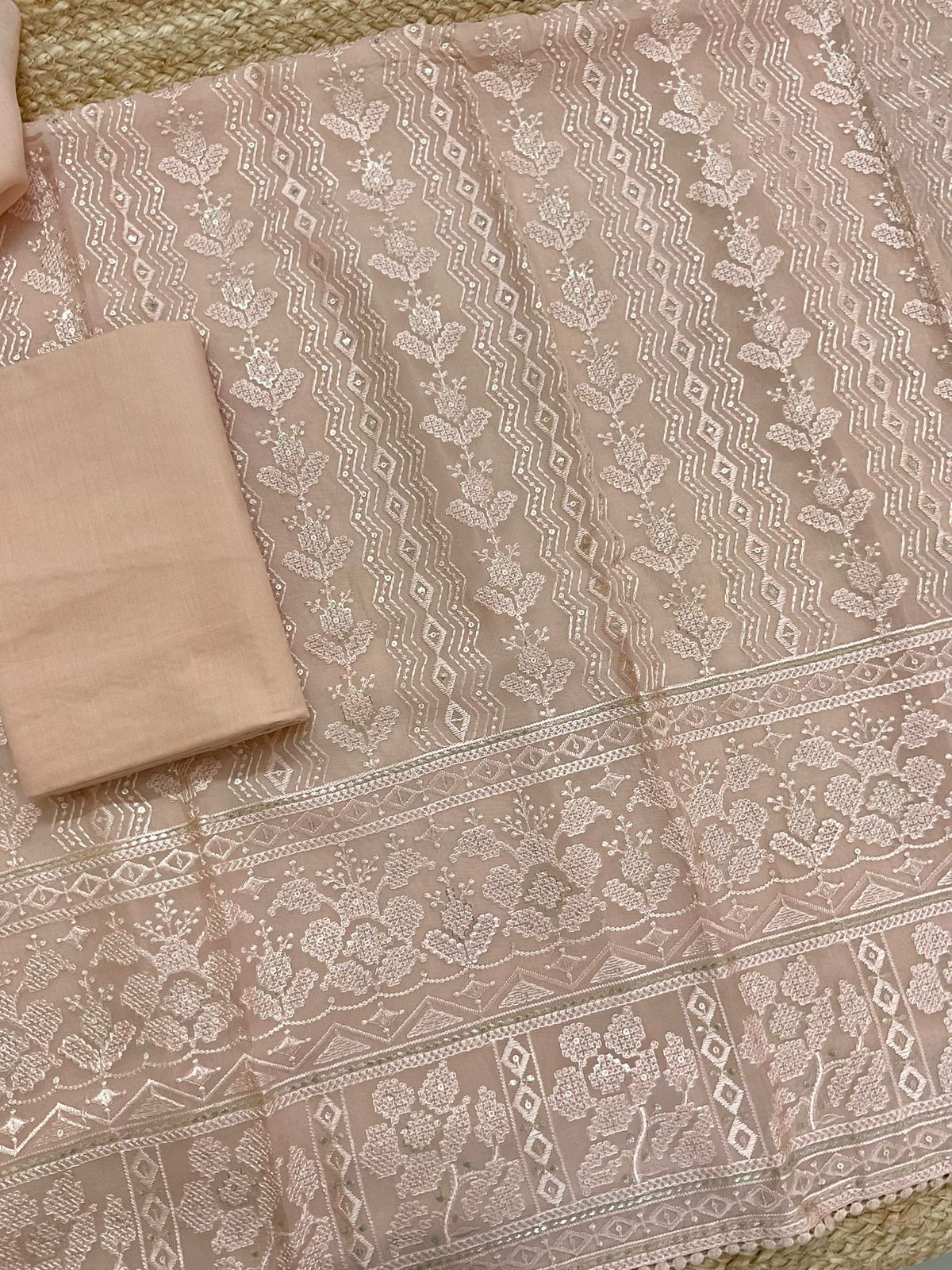 Pure Organza Embroidered Suit - Peach