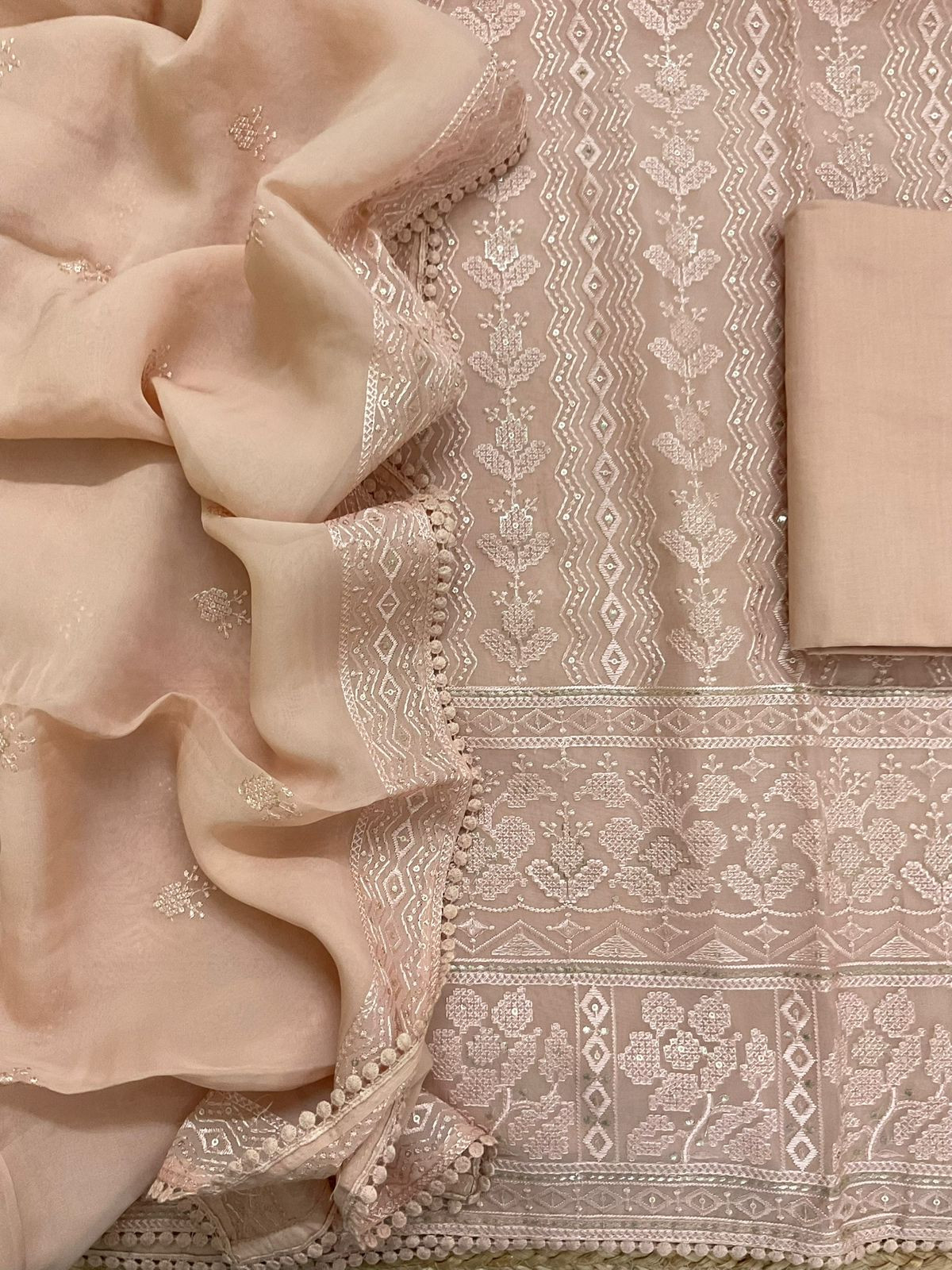 Pure Organza Embroidered Suit - Peach