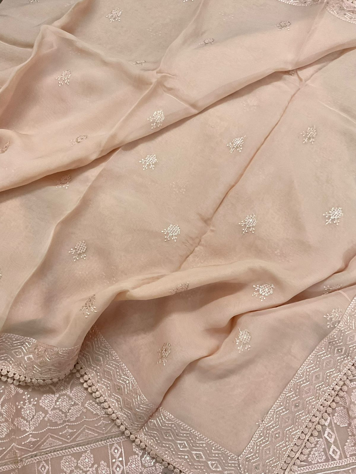 Pure Organza Embroidered Suit - Peach