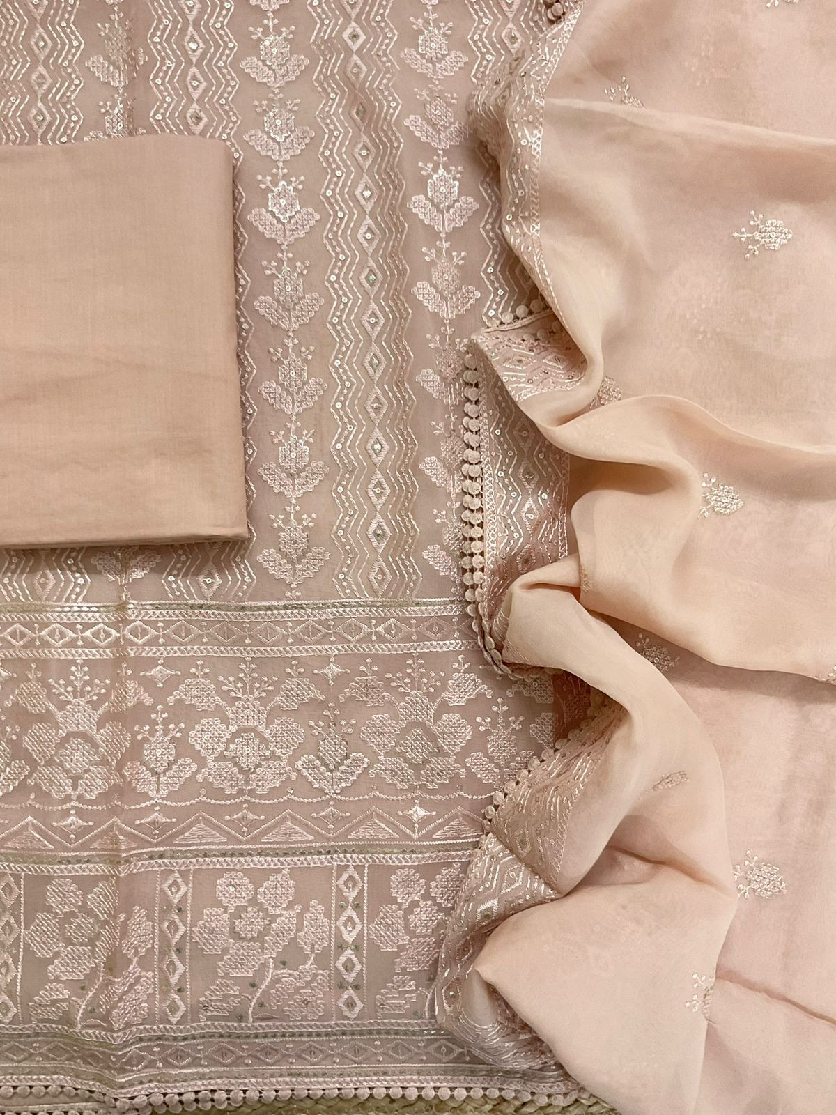 Pure Organza Embroidered Suit - Peach