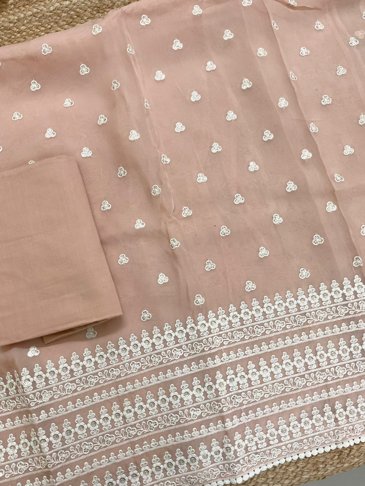 Pure Organza Embroidered Suit - Peach