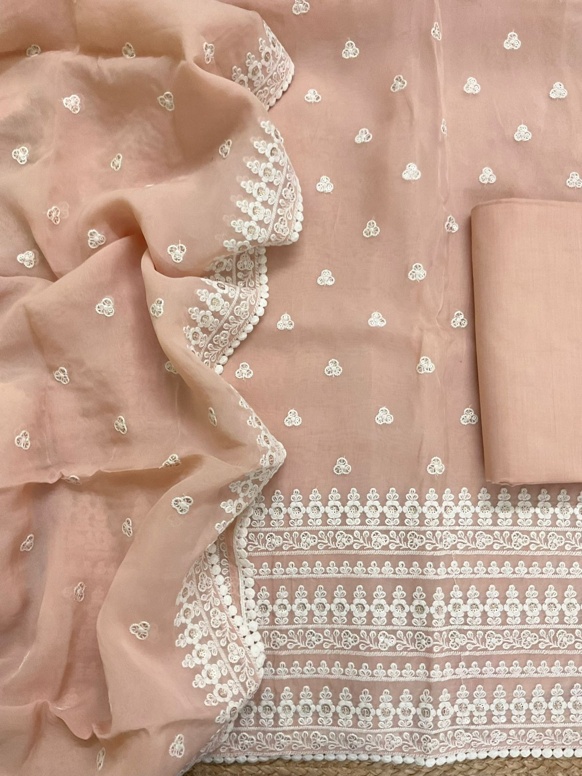 Pure Organza Embroidered Suit - Peach