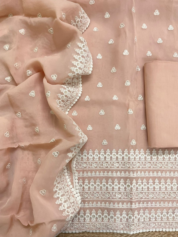 Image of Pure Organza Embroidered Suit - Peach