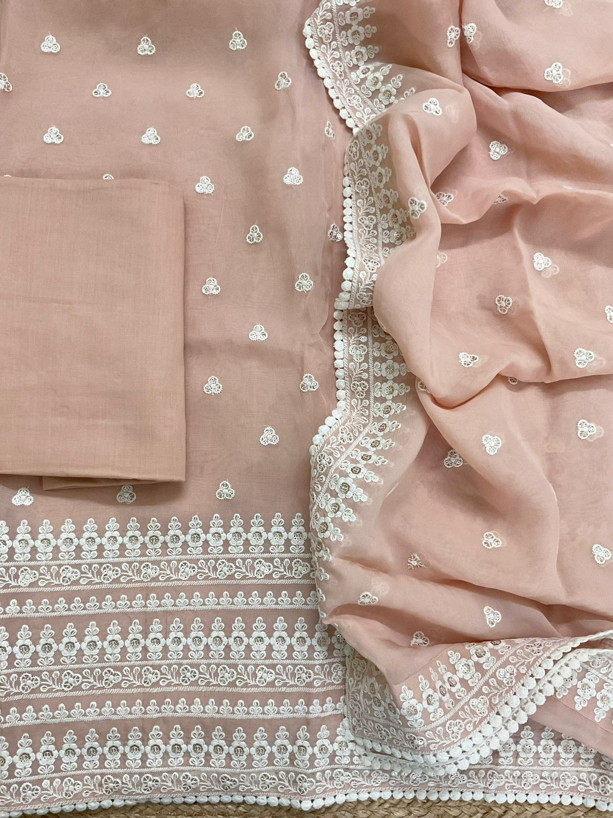 Pure Organza Embroidered Suit - Peach