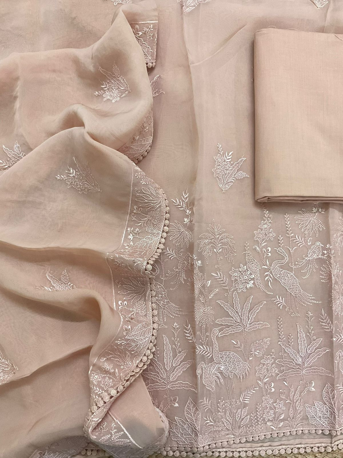 Pure Organza Embroidered Suit - Peach