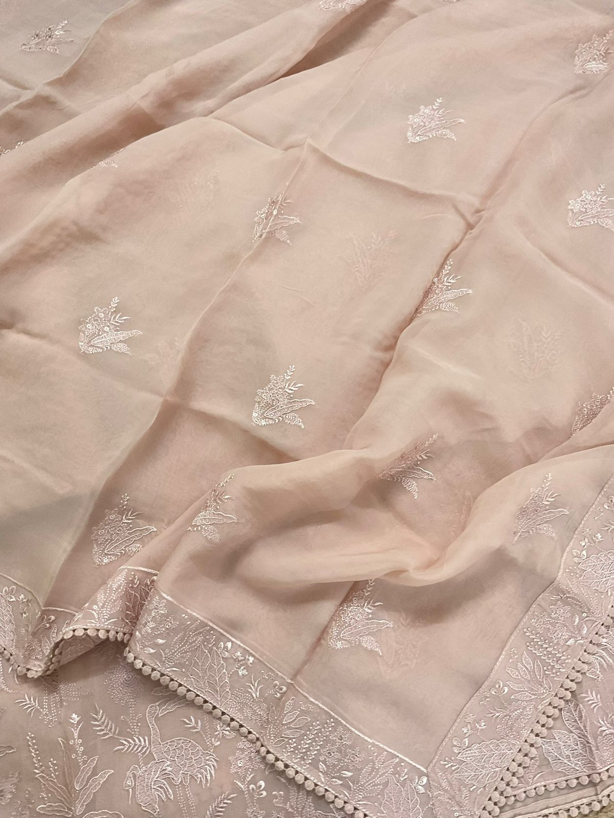 Pure Organza Embroidered Suit - Peach