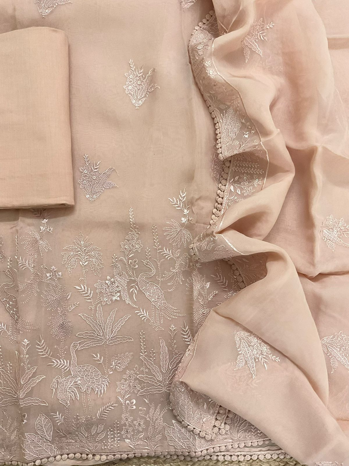 Pure Organza Embroidered Suit - Peach