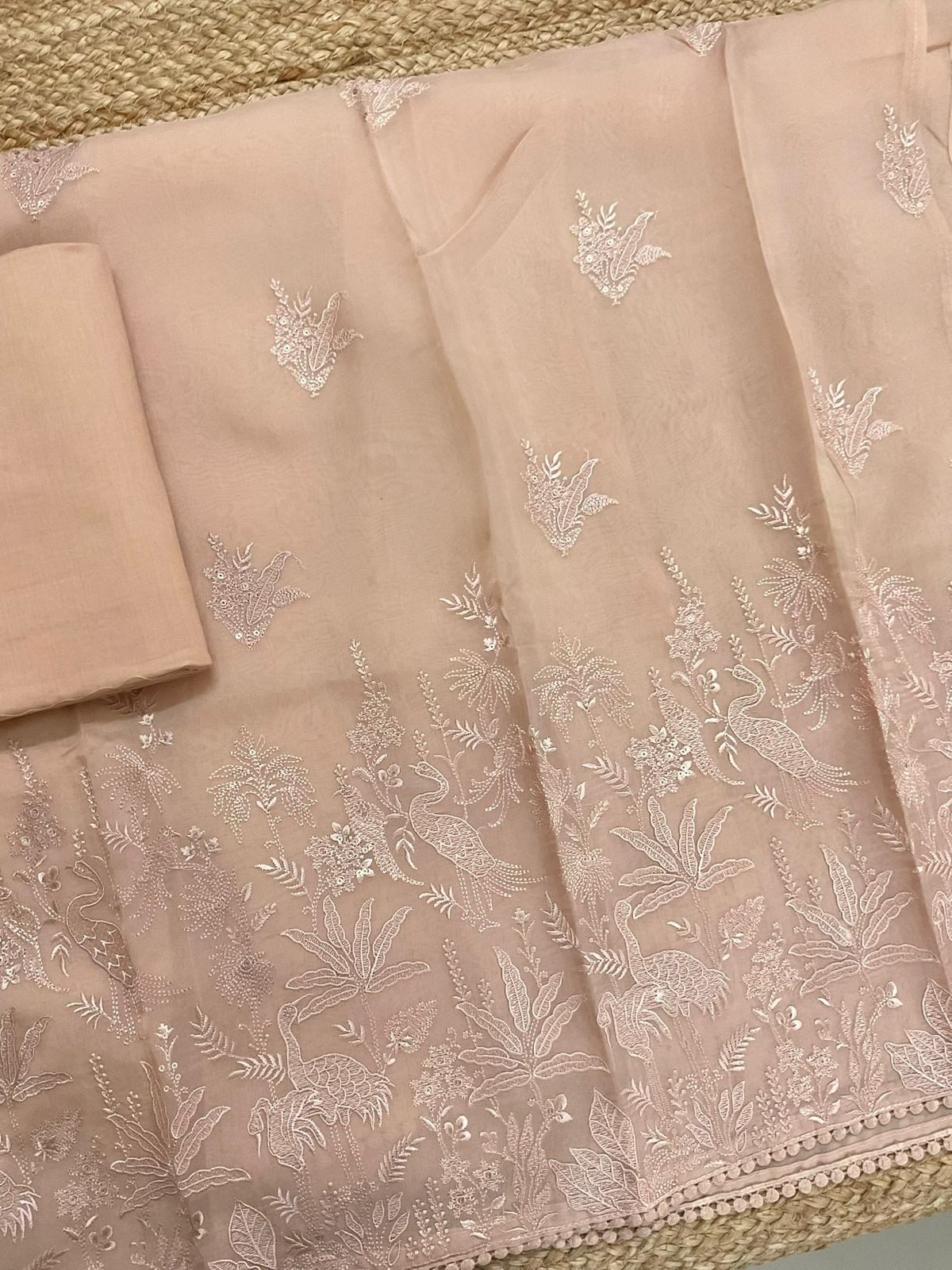Pure Organza Embroidered Suit - Peach