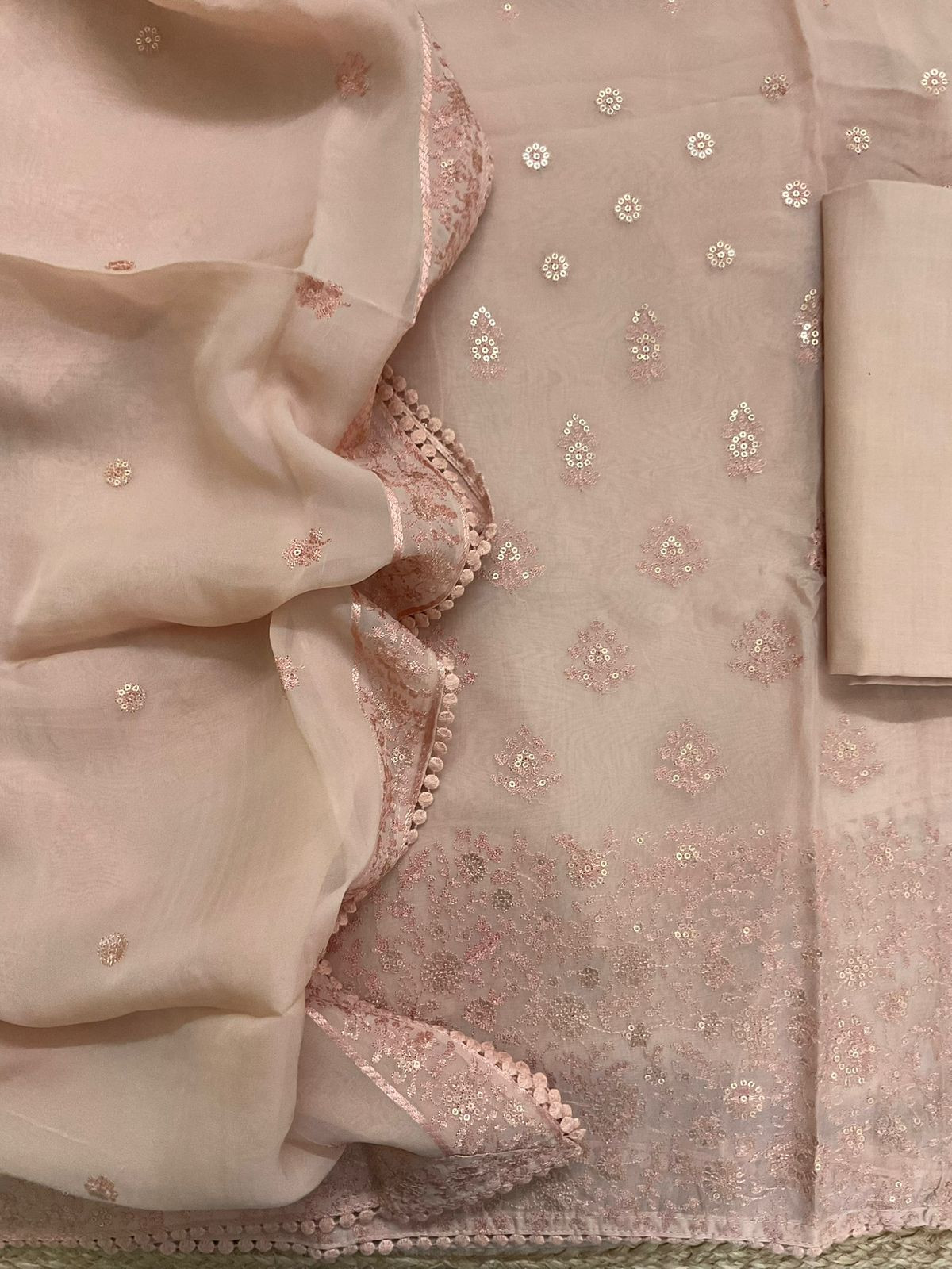 Pure Organza Embroidered Suit - Peach