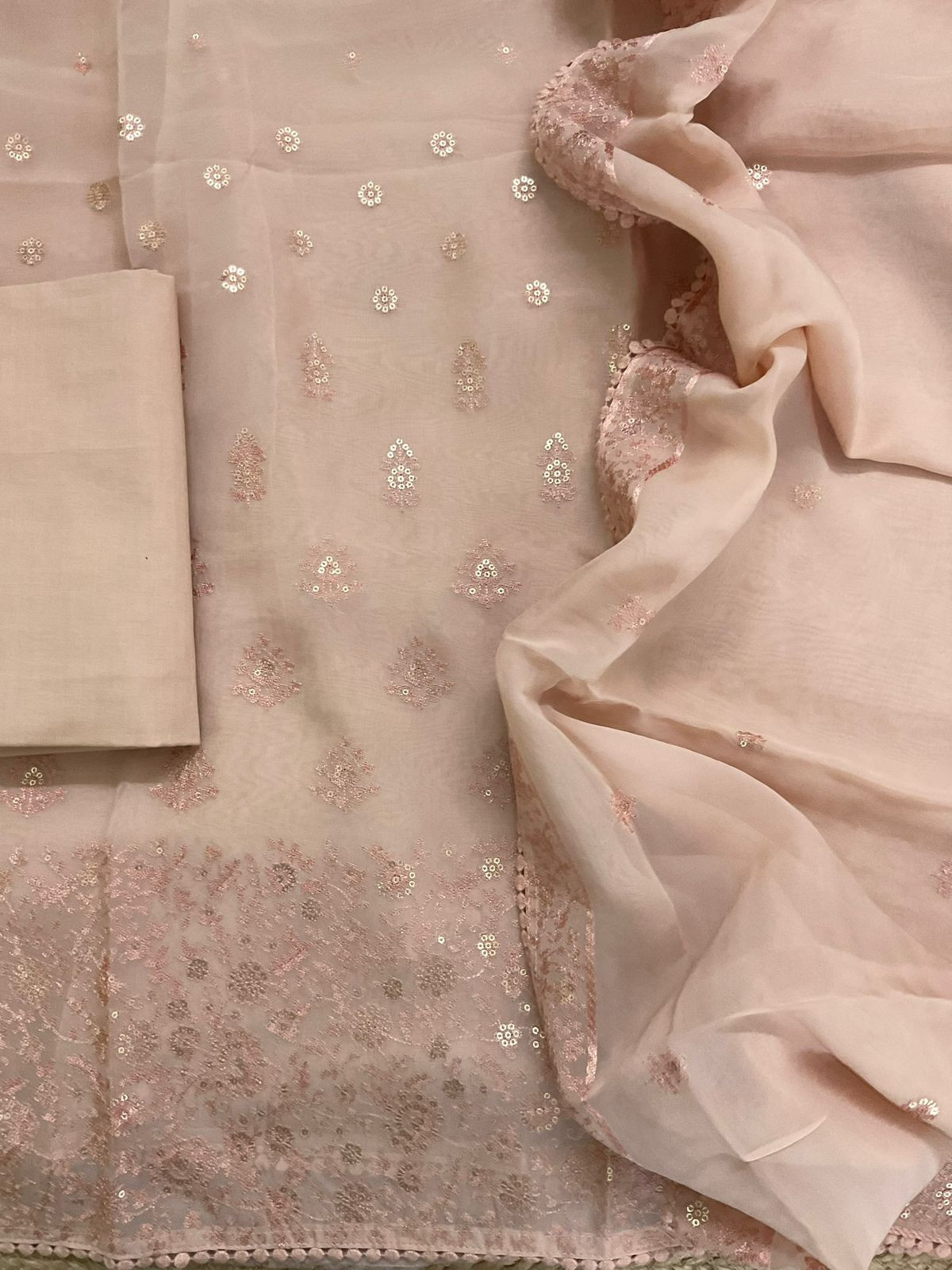 Pure Organza Embroidered Suit - Peach