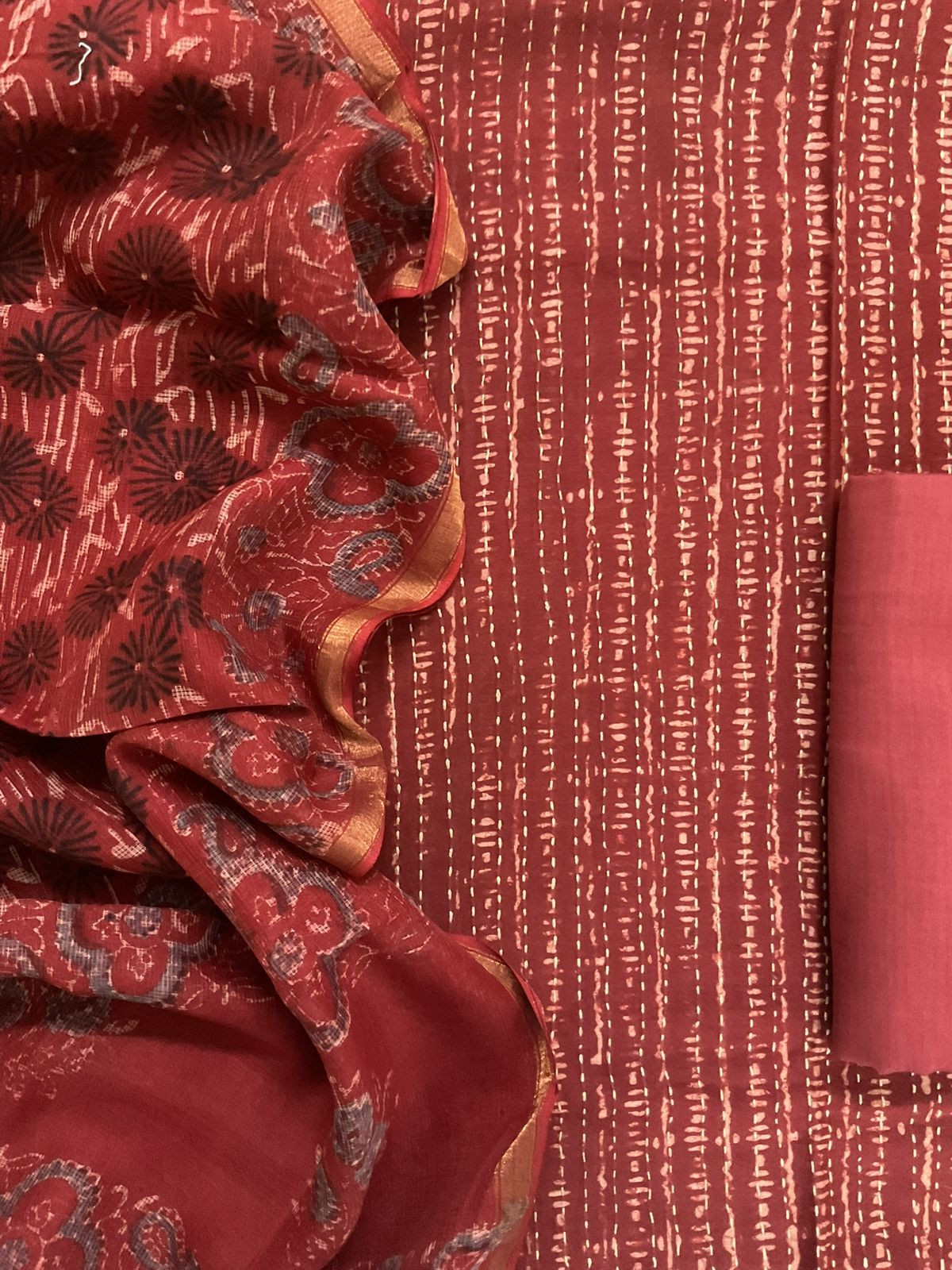 Pure Chanderi Block Printed Embroidered Suit - Brick Red