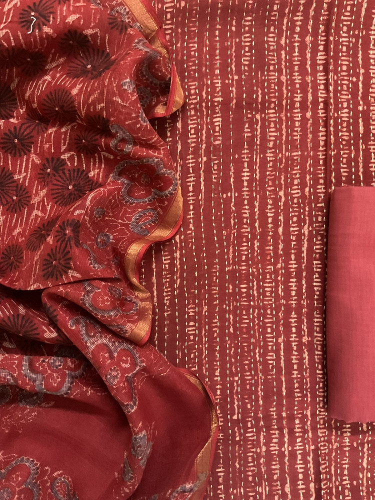 Image of Pure Chanderi Block Printed Embroidered Suit - Brick Red