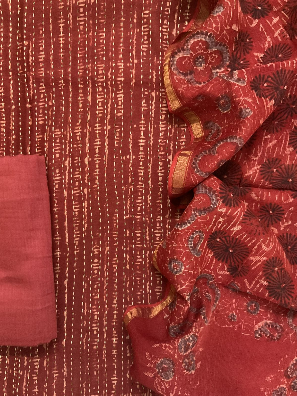 Pure Chanderi Block Printed Embroidered Suit - Brick Red