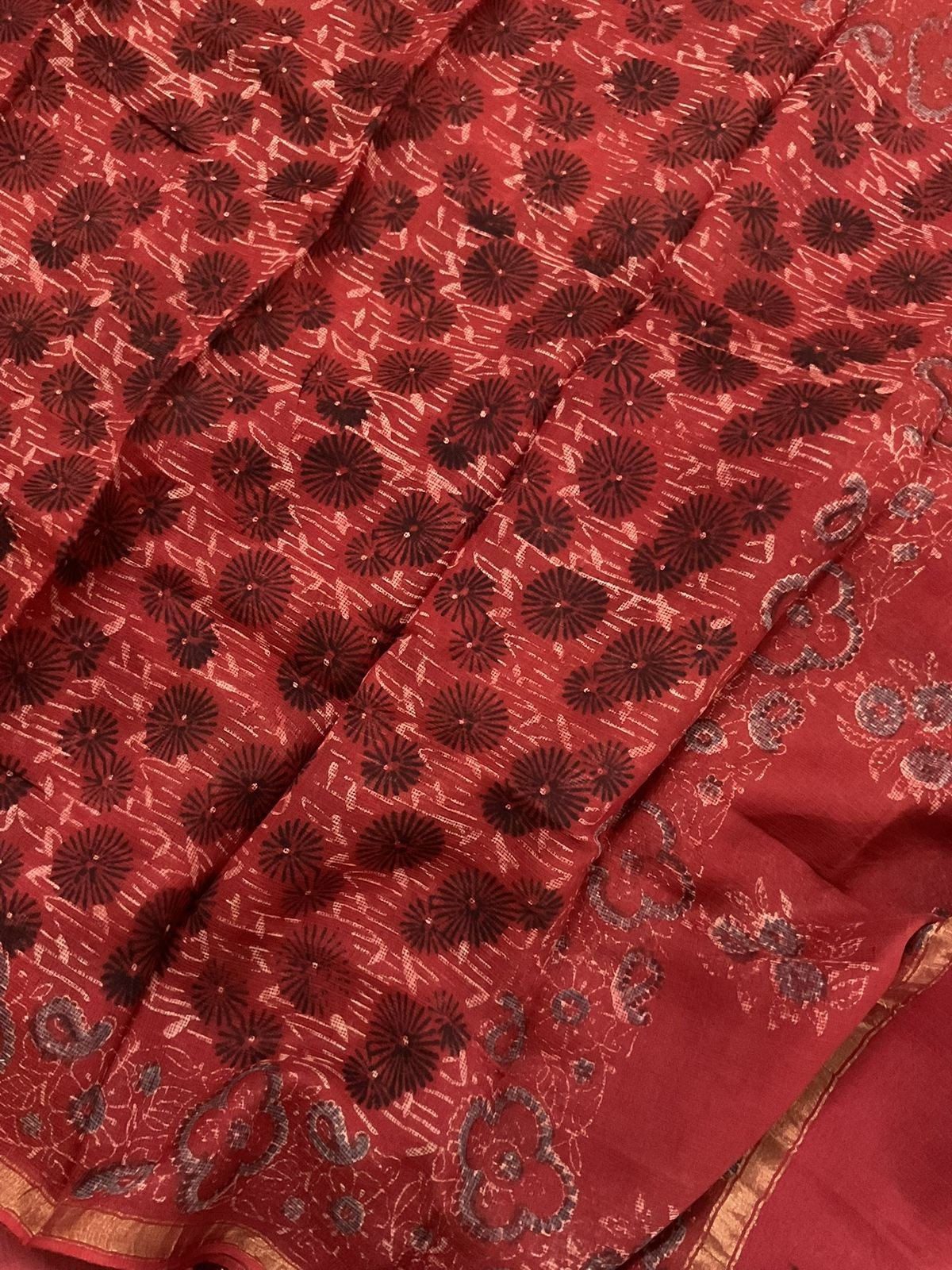 Pure Chanderi Block Printed Embroidered Suit - Brick Red