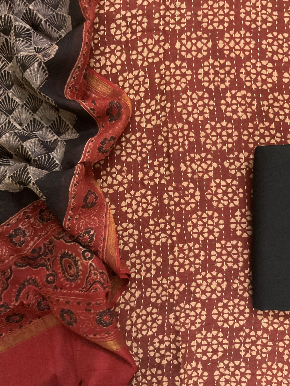 Pure Chanderi Block Printed Embroidered Suit - Dark Brick Red