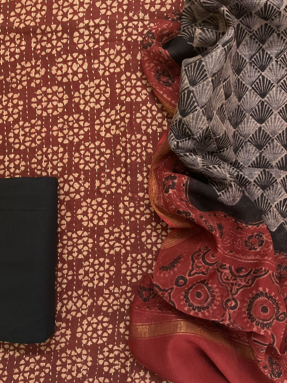 Pure Chanderi Block Printed Embroidered Suit - Dark Brick Red