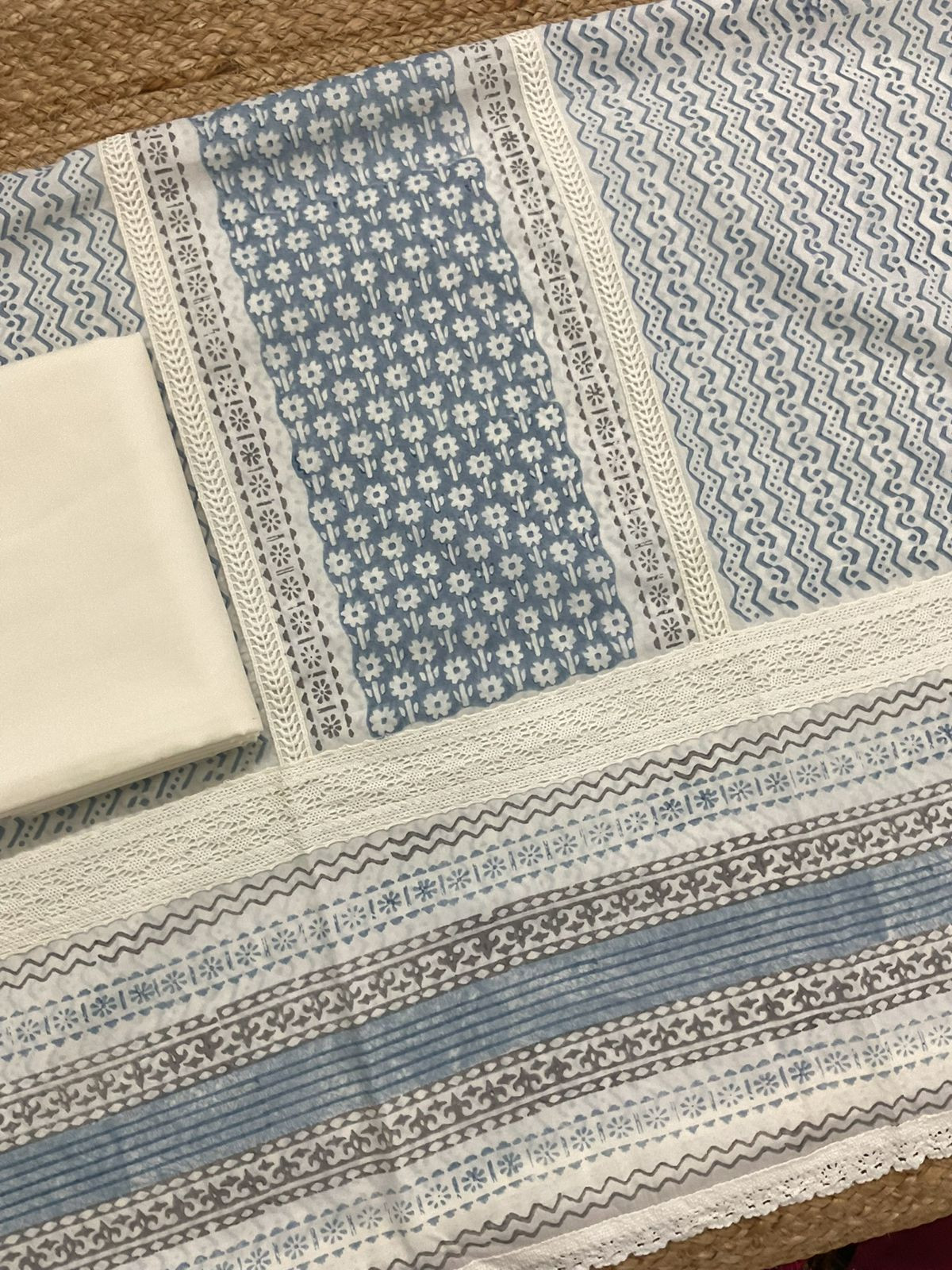 Pure Mul Cotton Printed Embroidered Suit - Blue