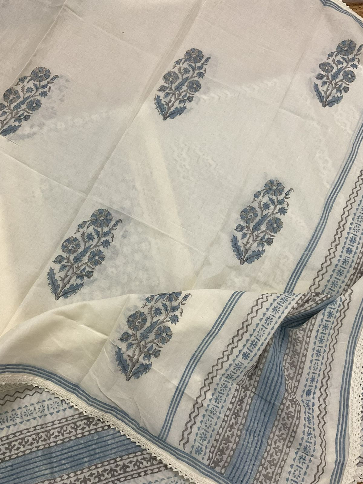 Pure Mul Cotton Printed Embroidered Suit - Blue