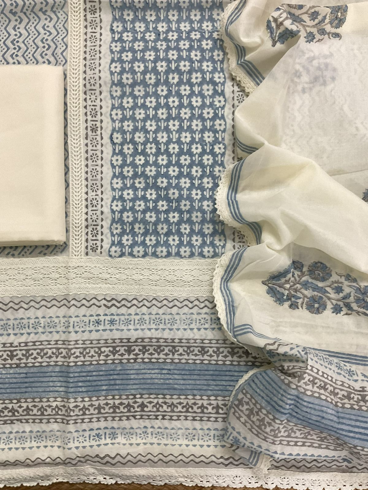 Pure Mul Cotton Printed Embroidered Suit - Blue