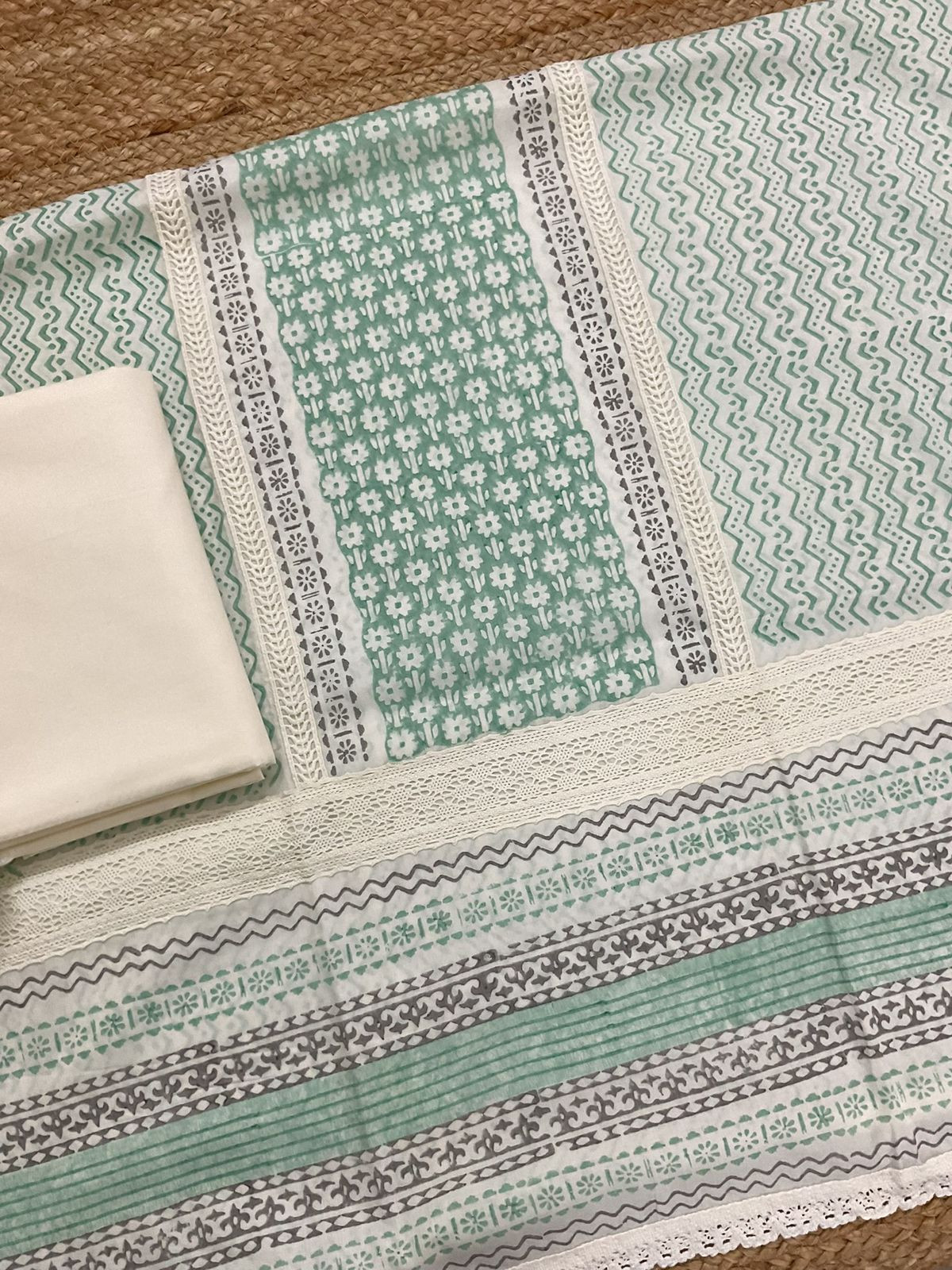 Pure Mul Cotton Printed Embroidered Suit - Green
