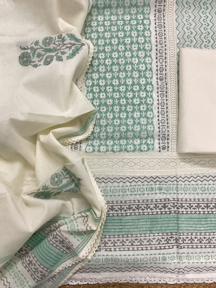 Image of Pure Mul Cotton Printed Embroidered Suit - Green