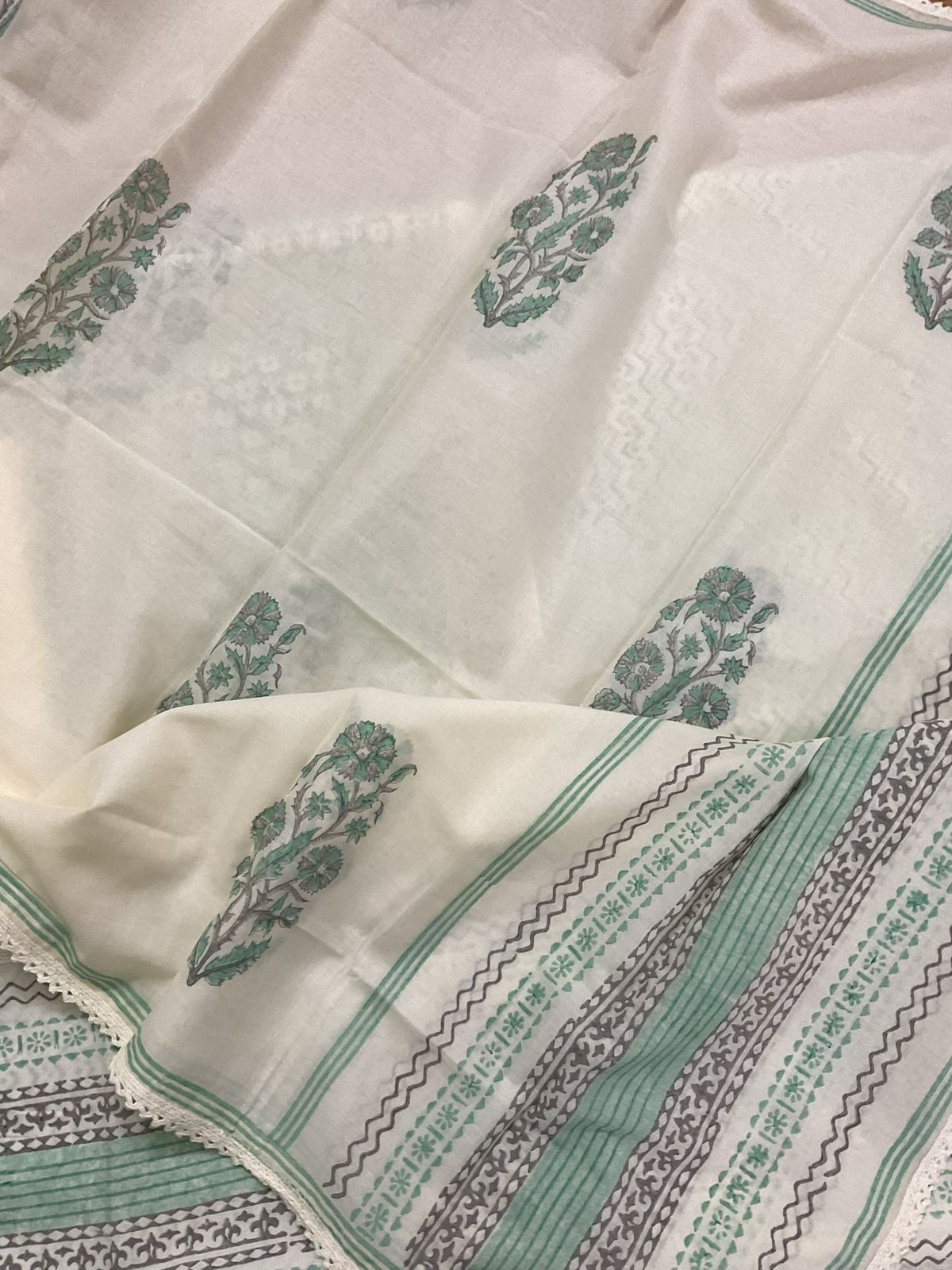 Pure Mul Cotton Printed Embroidered Suit - Green