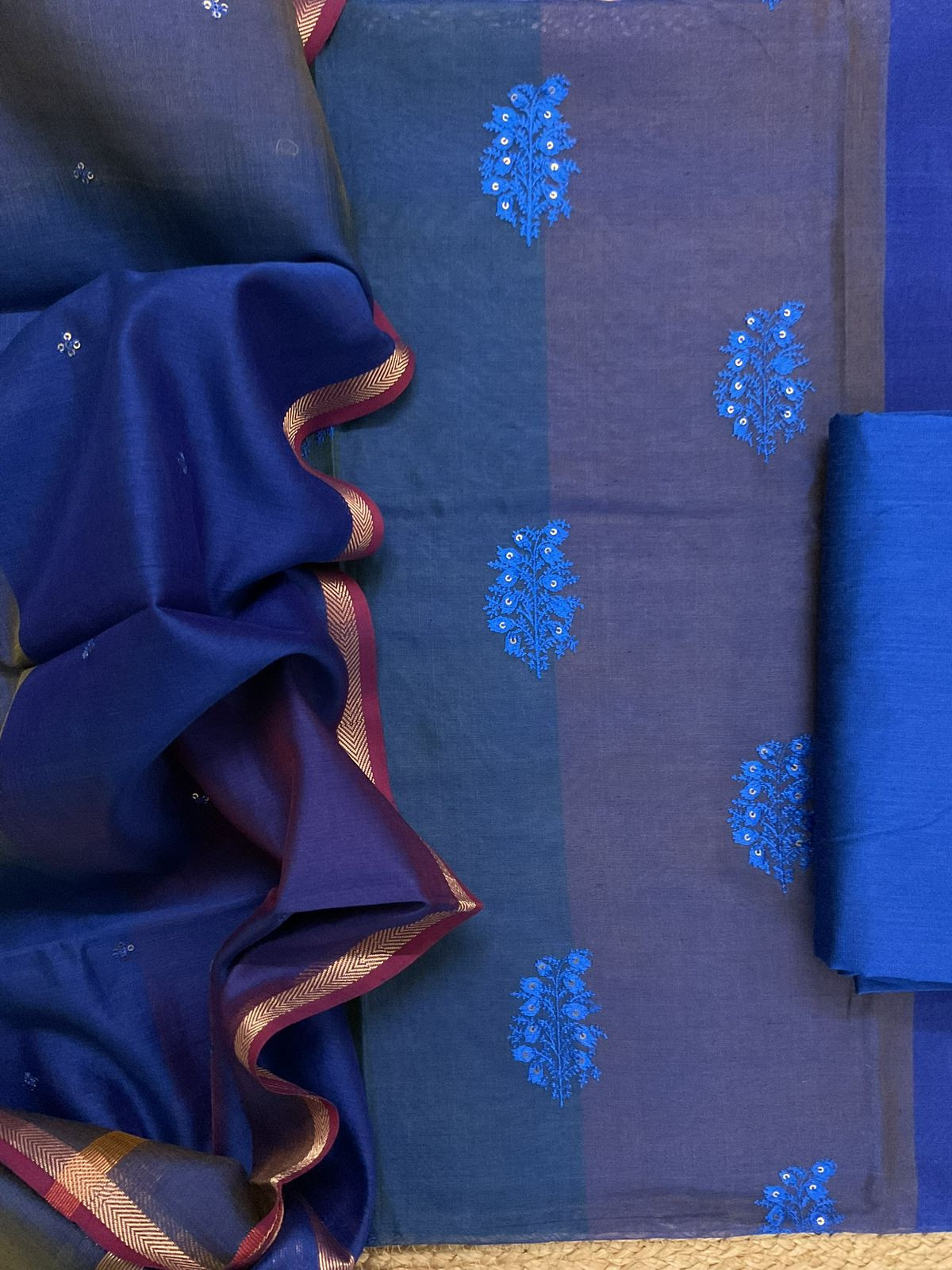 Pure Maheshwari Self Weaved Embroidered Suit - Blue