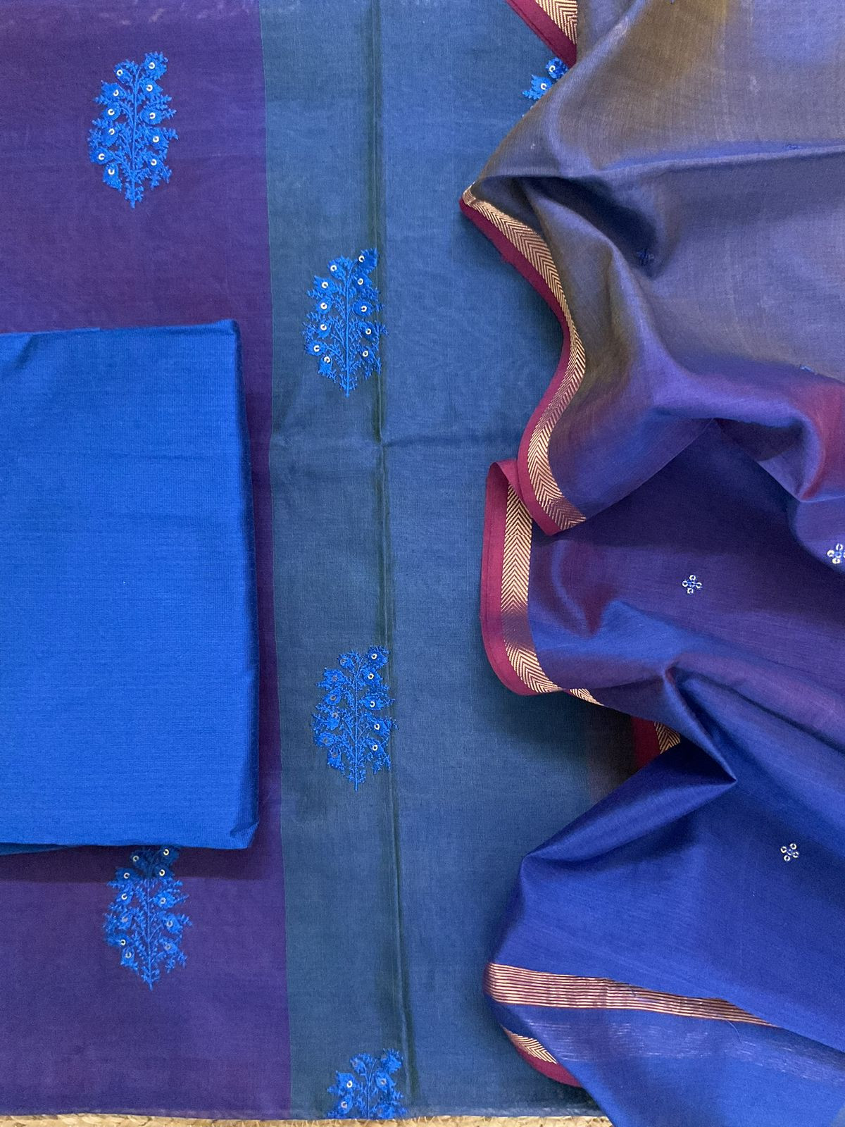 Pure Maheshwari Self Weaved Embroidered Suit - Blue