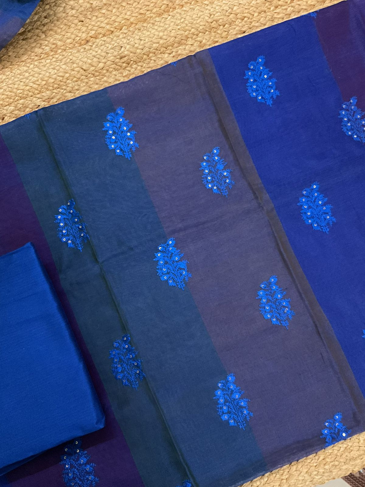Pure Maheshwari Self Weaved Embroidered Suit - Blue