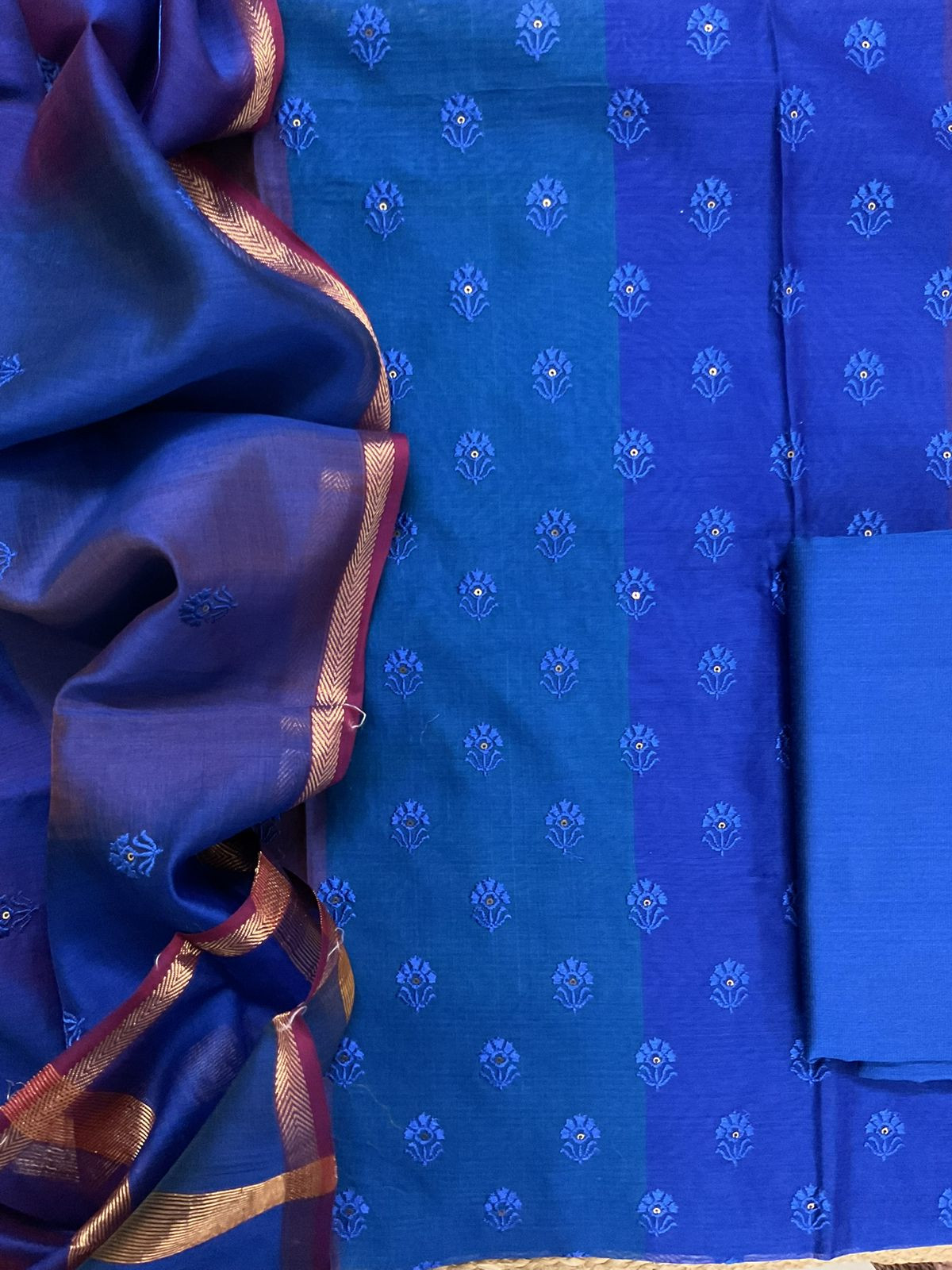 Pure Maheshwari Self Weaved Embroidered Suit - Blue