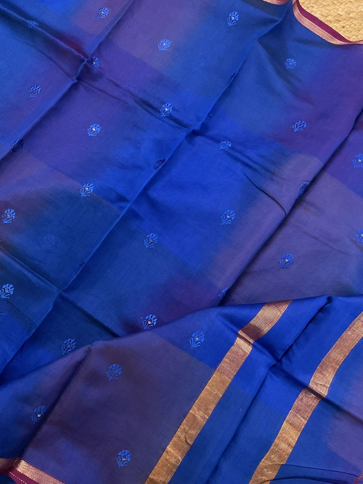 Pure Maheshwari Self Weaved Embroidered Suit - Blue