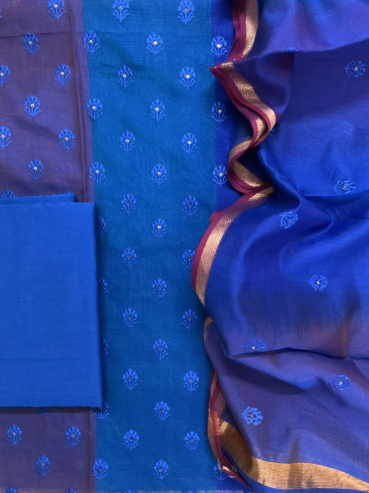 Pure Maheshwari Self Weaved Embroidered Suit - Blue