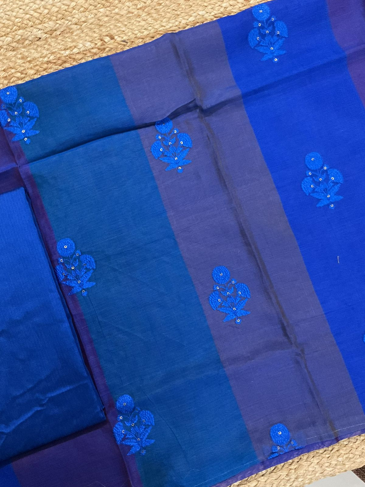 Pure Maheshwari Self Weaved Embroidered Suit - Blue