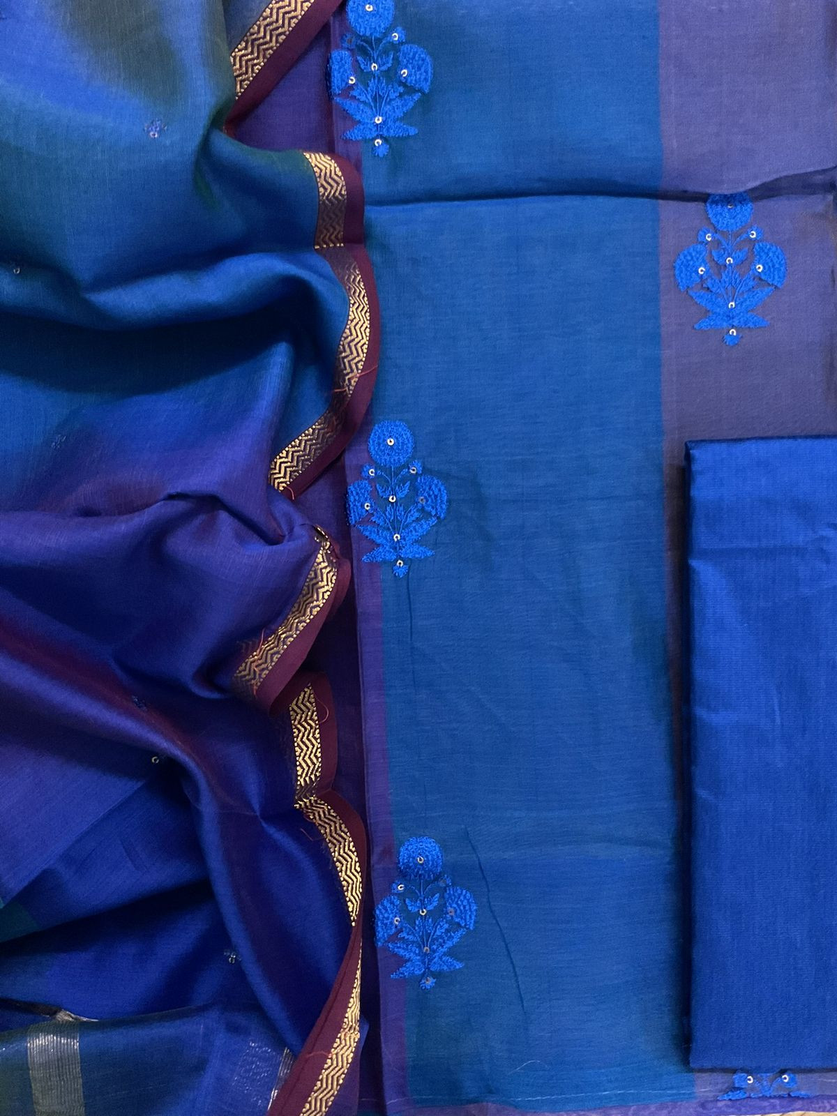 Pure Maheshwari Self Weaved Embroidered Suit - Blue