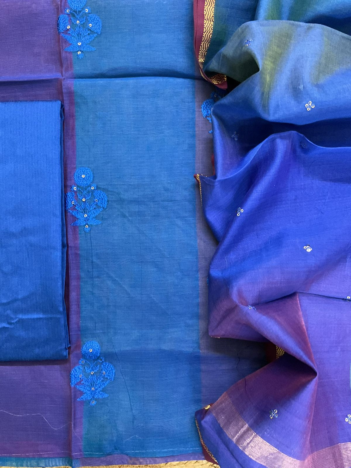 Pure Maheshwari Self Weaved Embroidered Suit - Blue