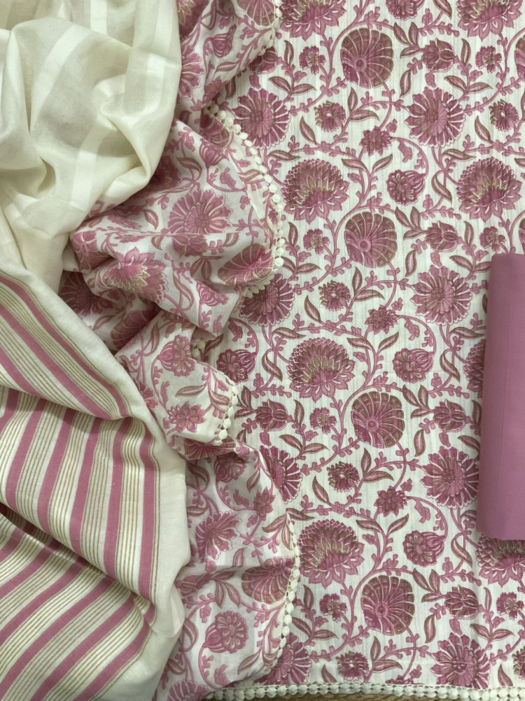 Image of Pure Cotton Printed Self Weaved Suit - Pink