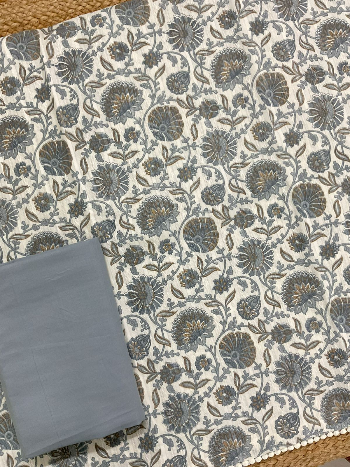 Pure Cotton Printed Self Weaved Suit - Grey