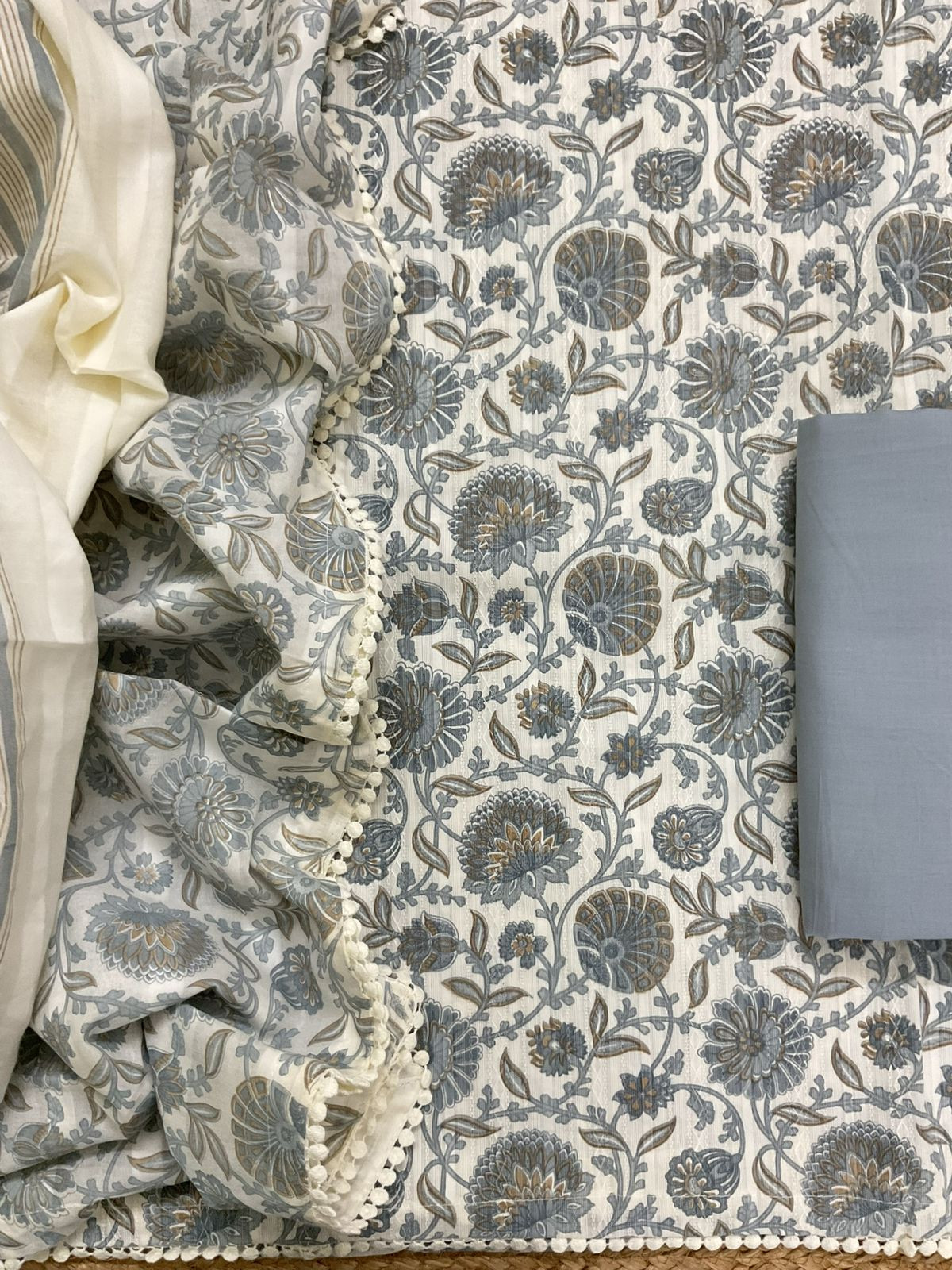 Pure Cotton Printed Self Weaved Suit - Grey