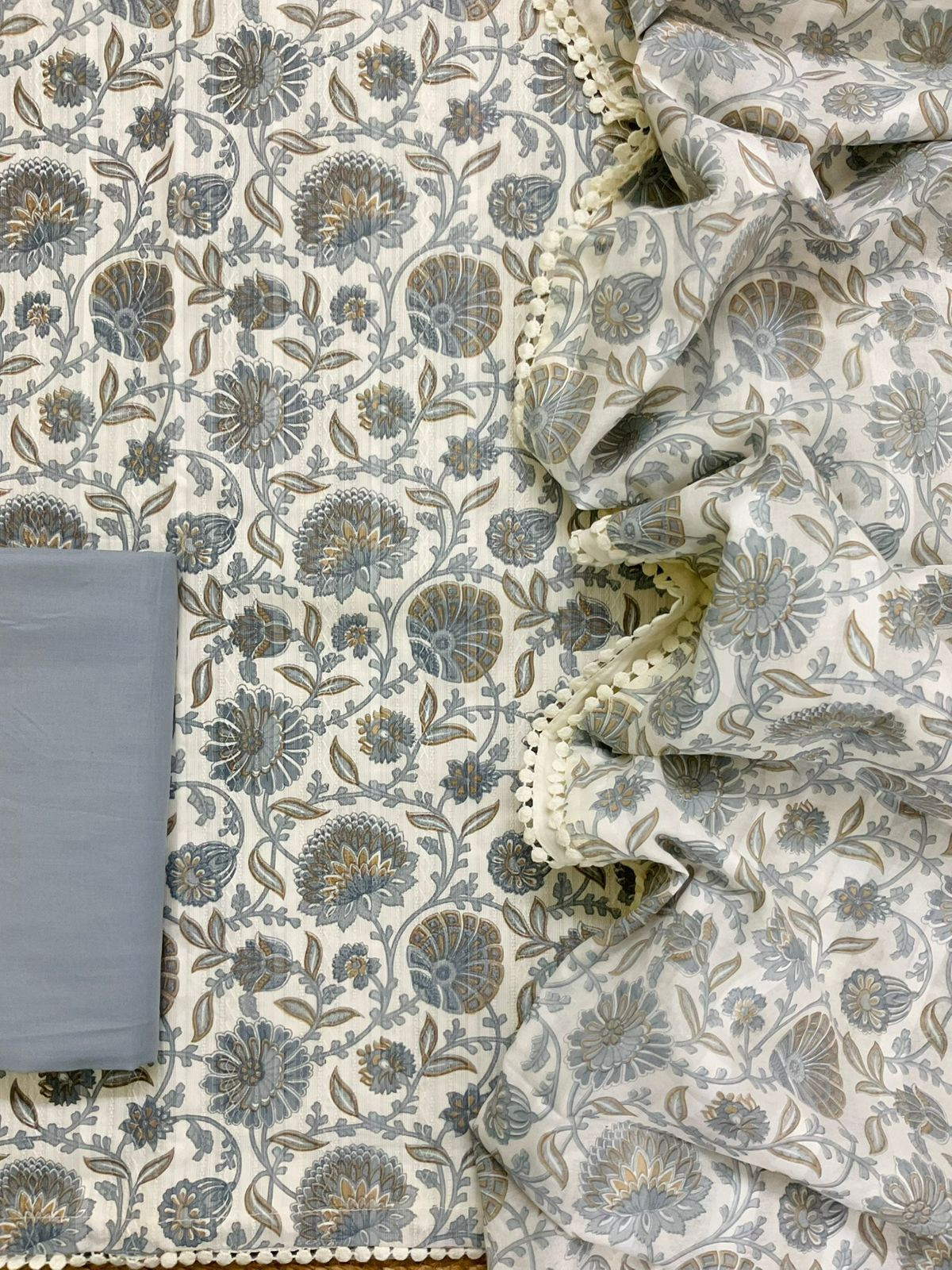 Pure Cotton Printed Self Weaved Suit - Grey
