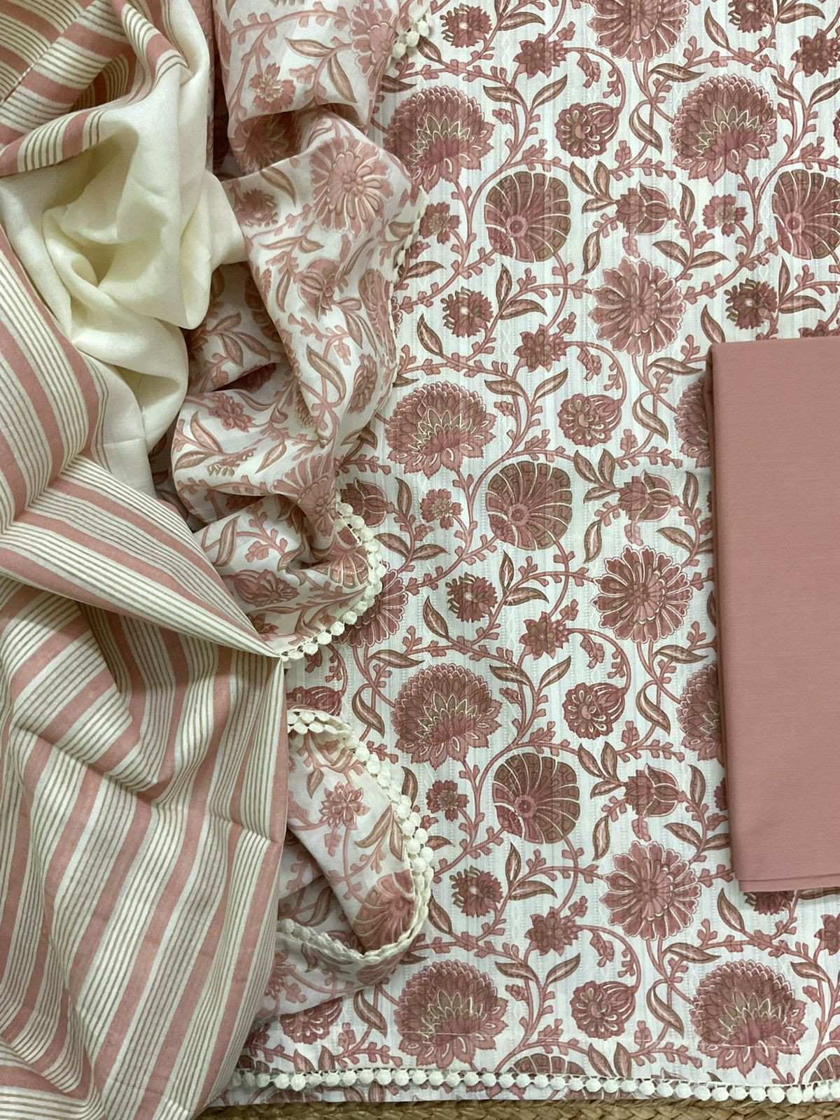 Pure Cotton Printed Self Weaved Suit - Peach