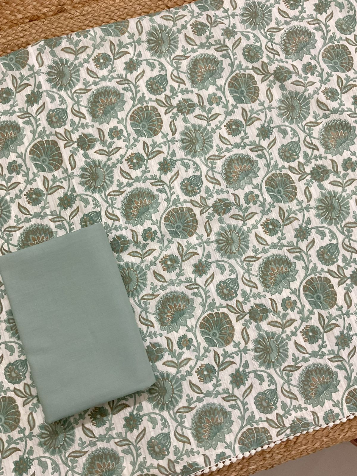 Pure Cotton Printed Self Weaved Suit - Green