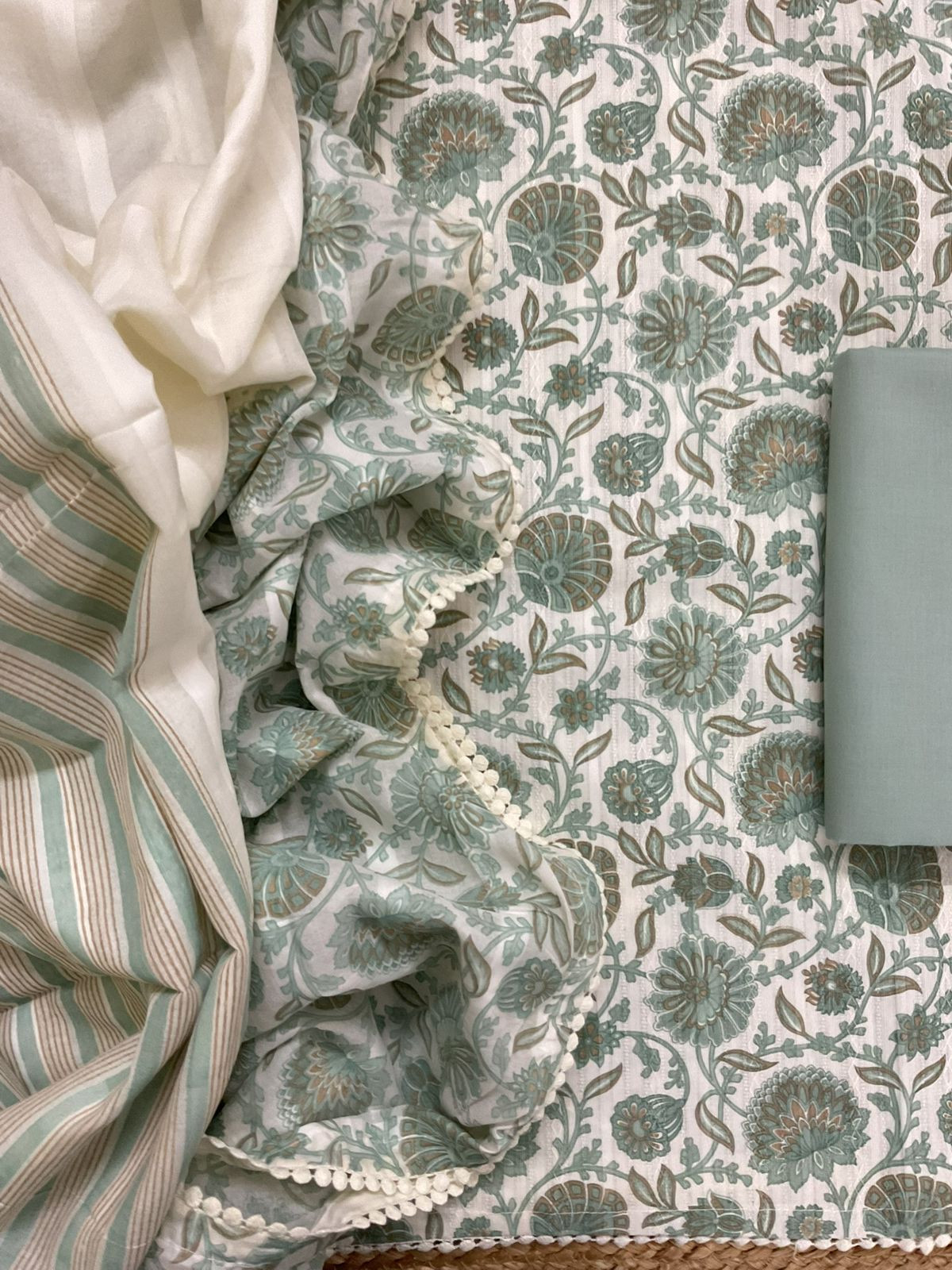 Pure Cotton Printed Self Weaved Suit - Green