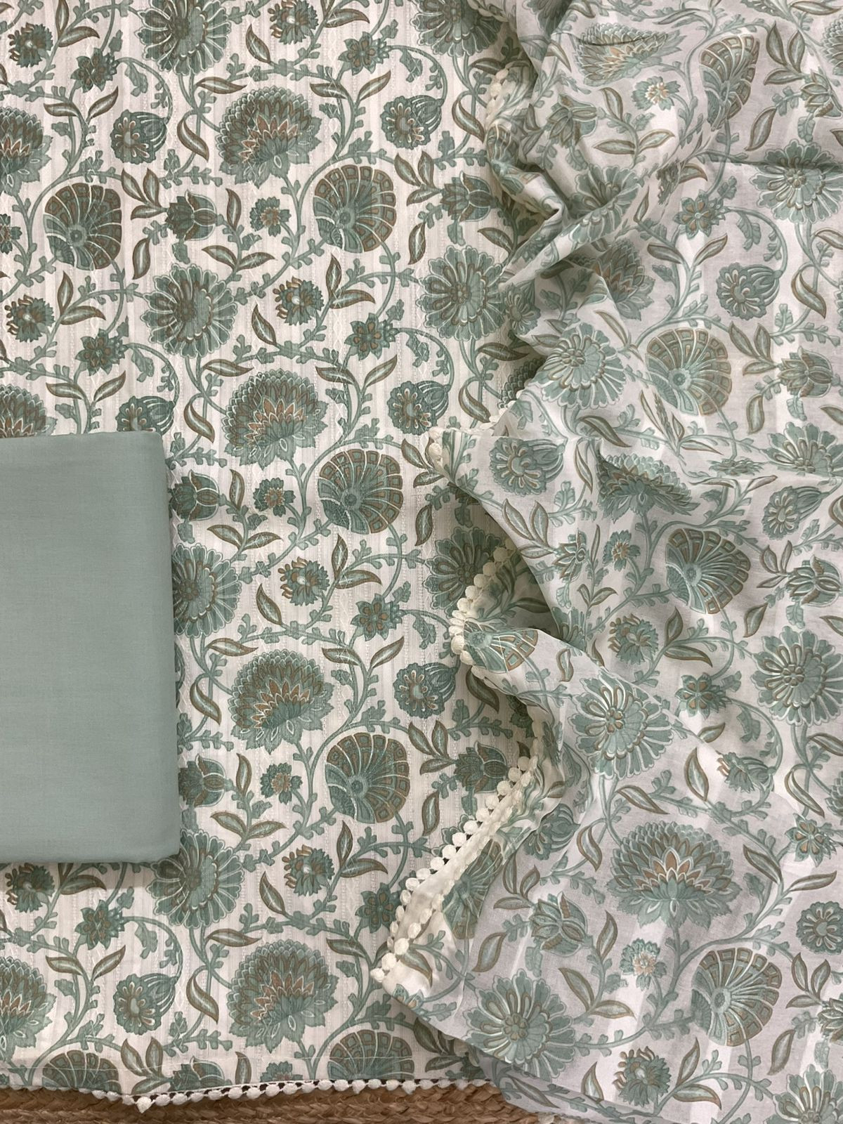 Pure Cotton Printed Self Weaved Suit - Green