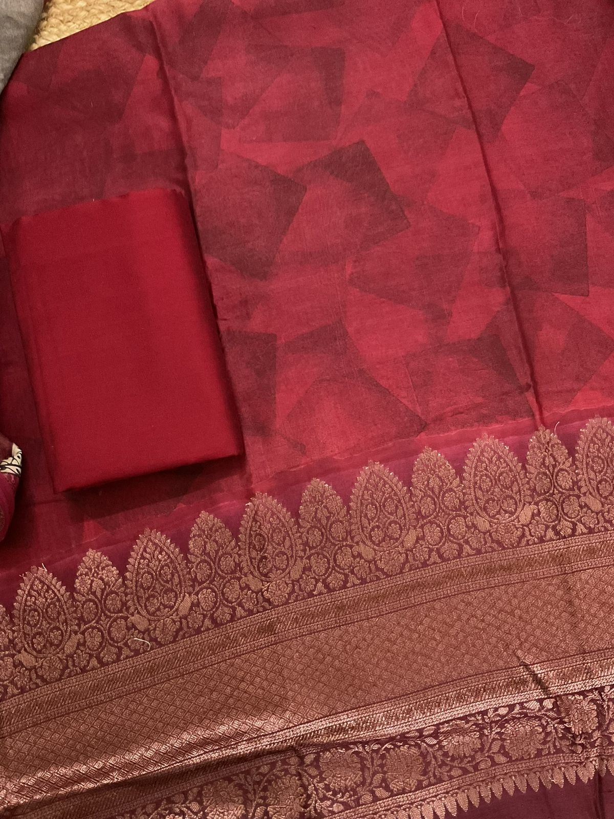 Pure Maheshwari Printed Self Weaved Suit - Maroon