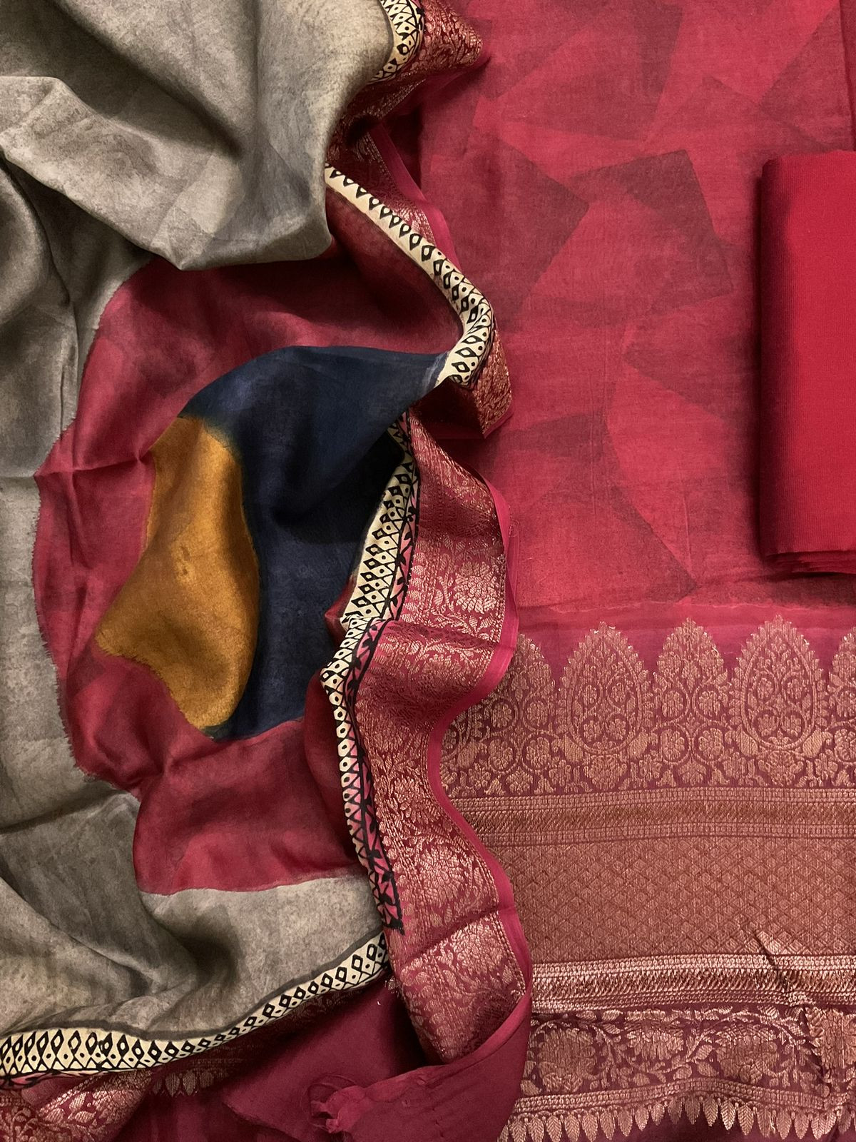 Pure Maheshwari Printed Self Weaved Suit - Maroon