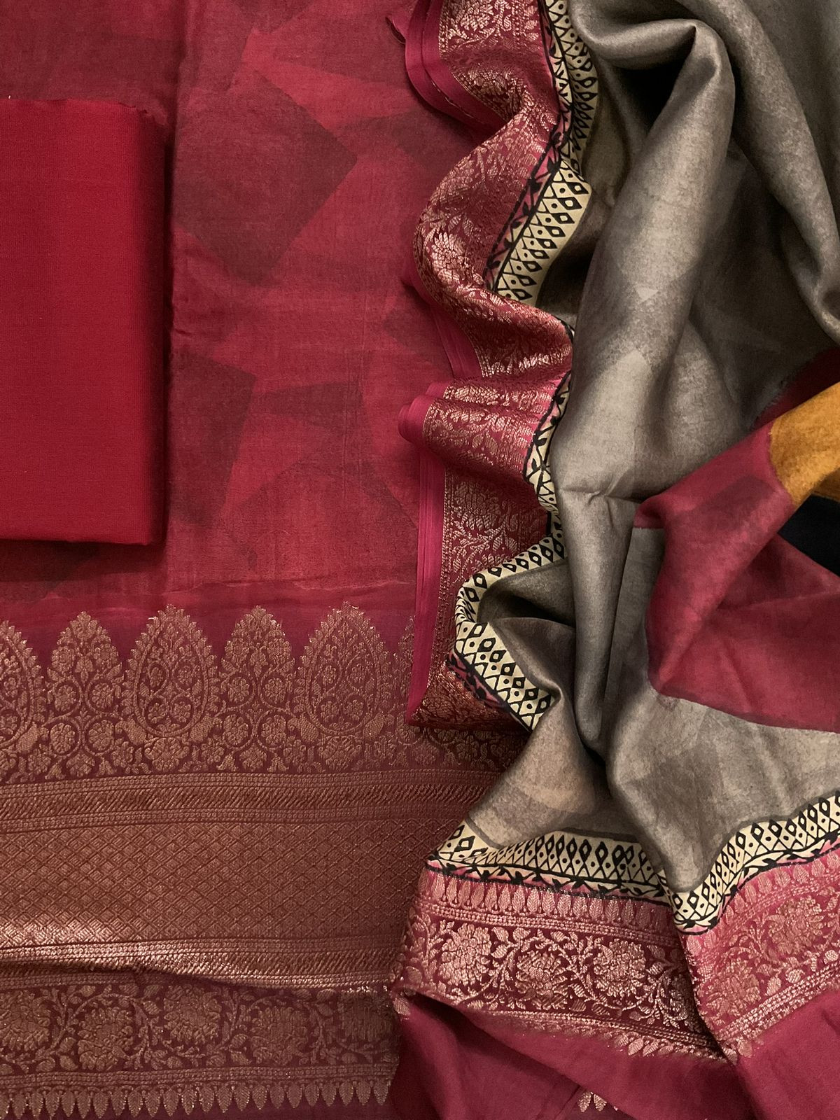Pure Maheshwari Printed Self Weaved Suit - Maroon