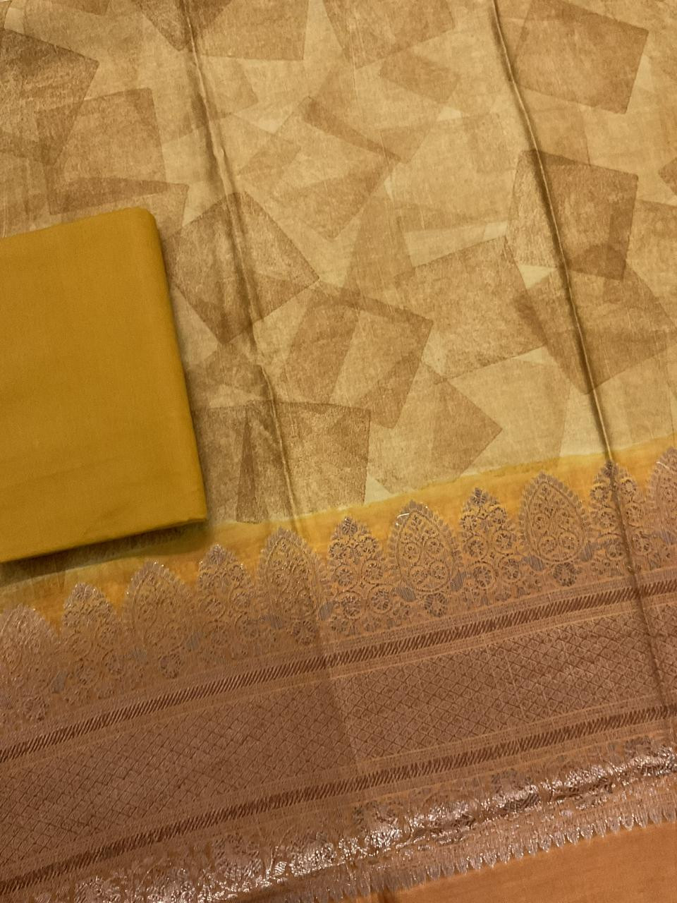 Pure Maheshwari Printed Self Weaved Suit - Mustard