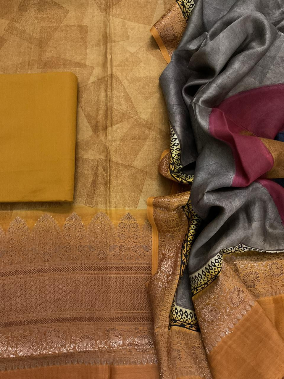 Pure Maheshwari Printed Self Weaved Suit - Mustard