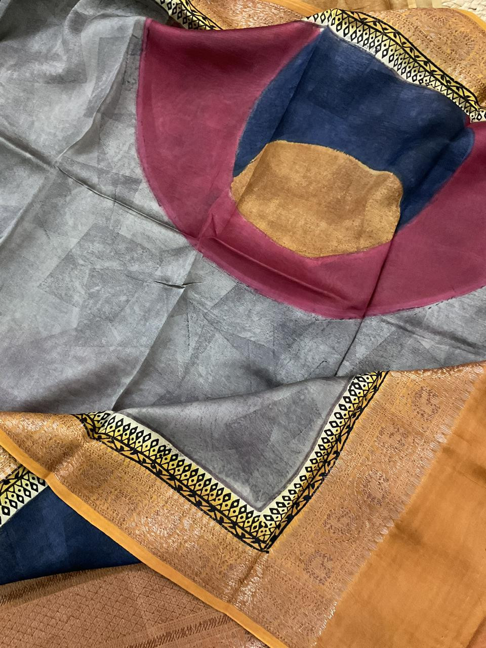 Pure Maheshwari Printed Self Weaved Suit - Mustard