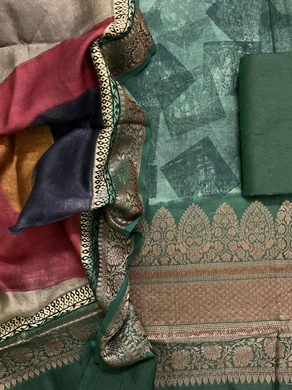 Pure Maheshwari Printed Self Weaved Suit - Green